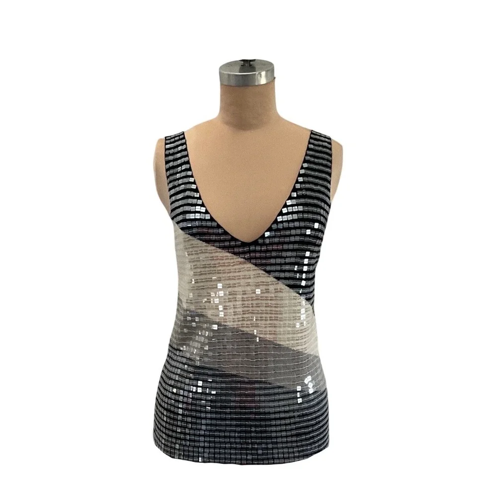 Armani Exchange Sequin Knit Tank Top Black Silver V Neck Party Cocktail Size M